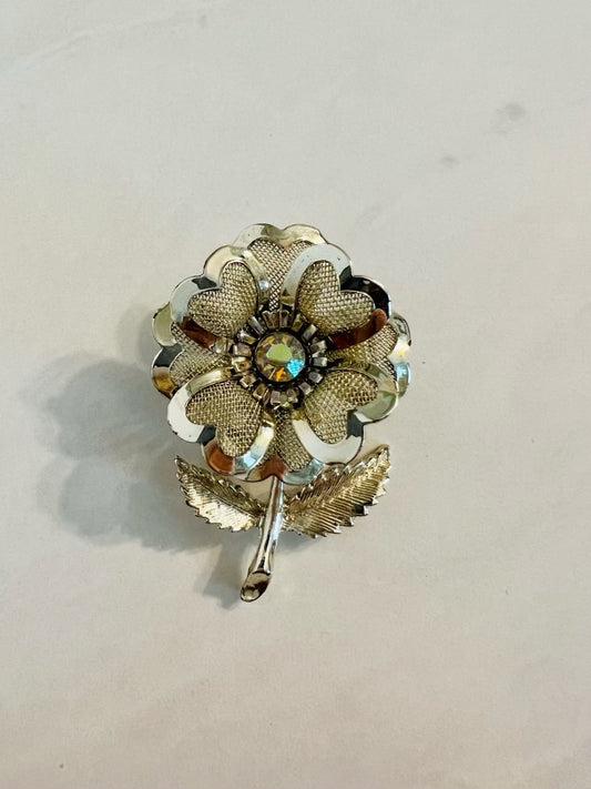 Vintage double layered silver flower brooch with rhinestone center