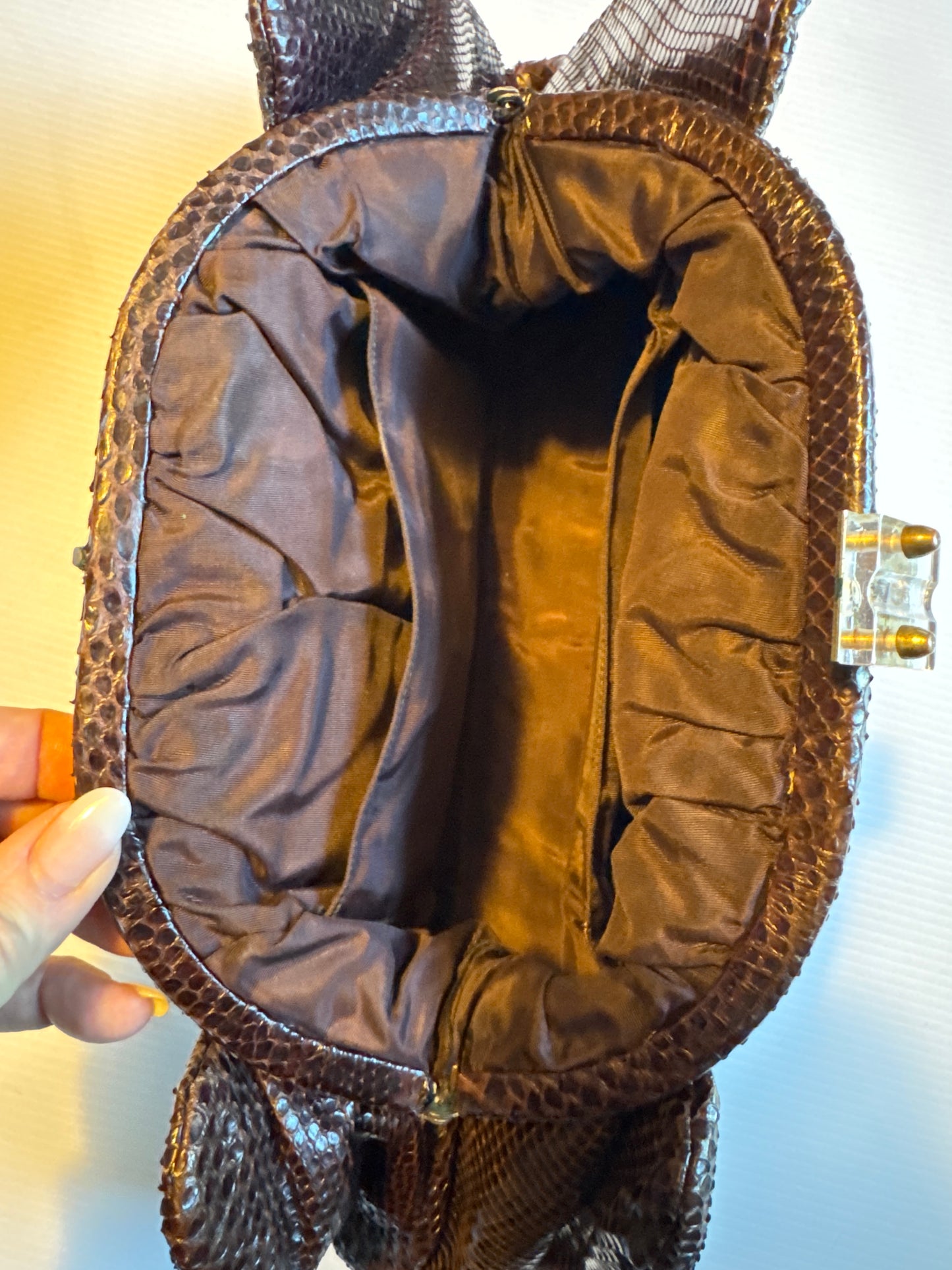 Fabulous 1940s cobra snake skin mahogany brown clutch bag with lucite top