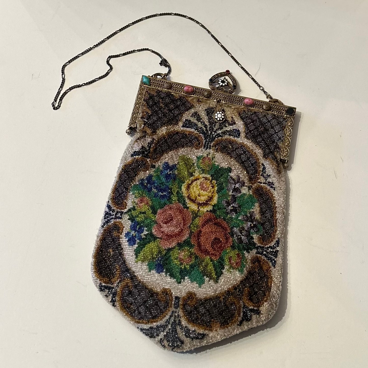 Antique 1890s Rose Beaded Bag w/ Heart Clasp