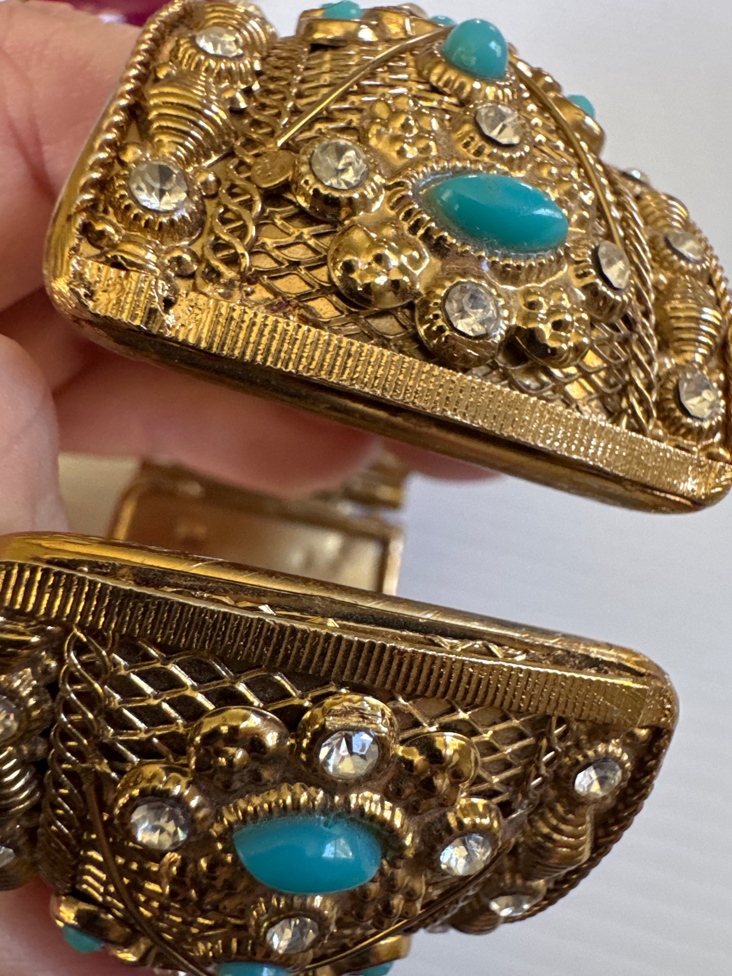 90's gold tone cuff with faux turquoise and rhinestones