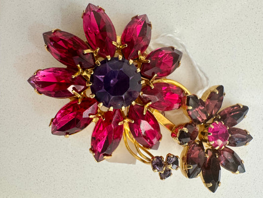 Vintage flower brooch with amythest, pink and red rhinestones