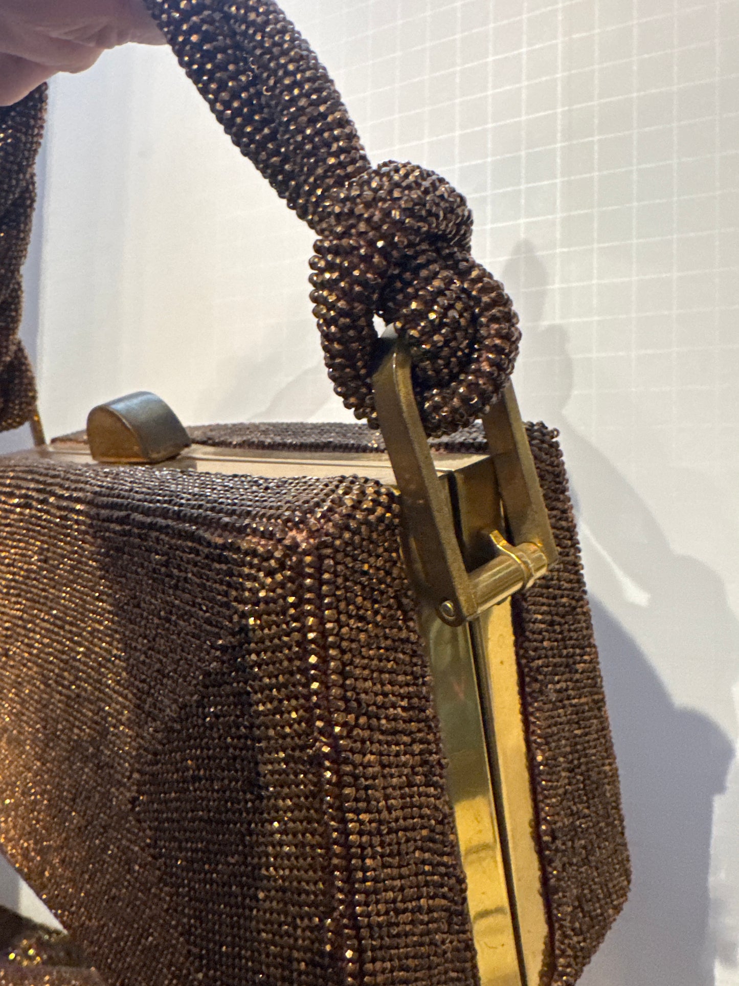 1940s bronze beaded top handle bag with braided handle