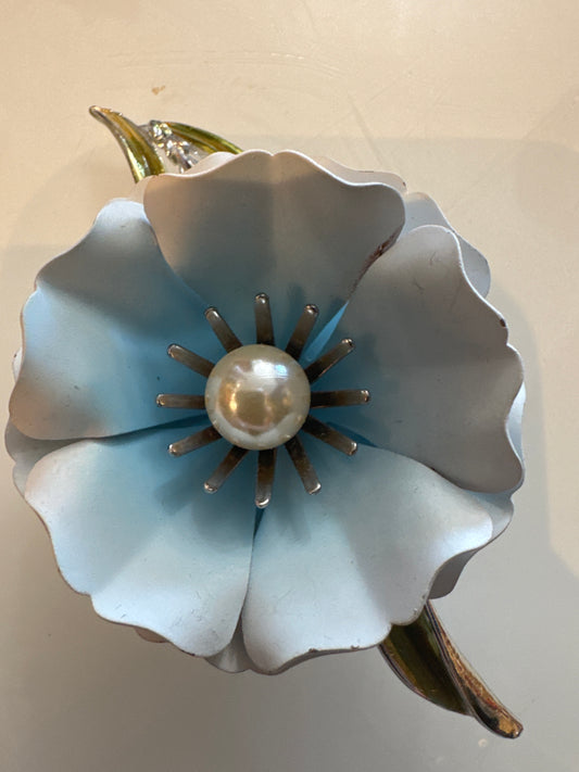 1960s light blue flower brooch with pearl center stone