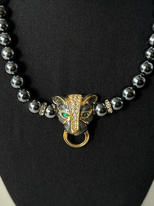 Vintage Kenneth Jay Lane for Avon Enamel & Rhinestone Jeweled Panther Beaded Necklace