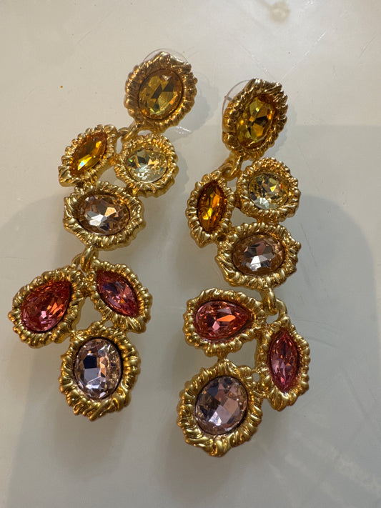 Retro dangle earrings with pink, amber and light purple stones