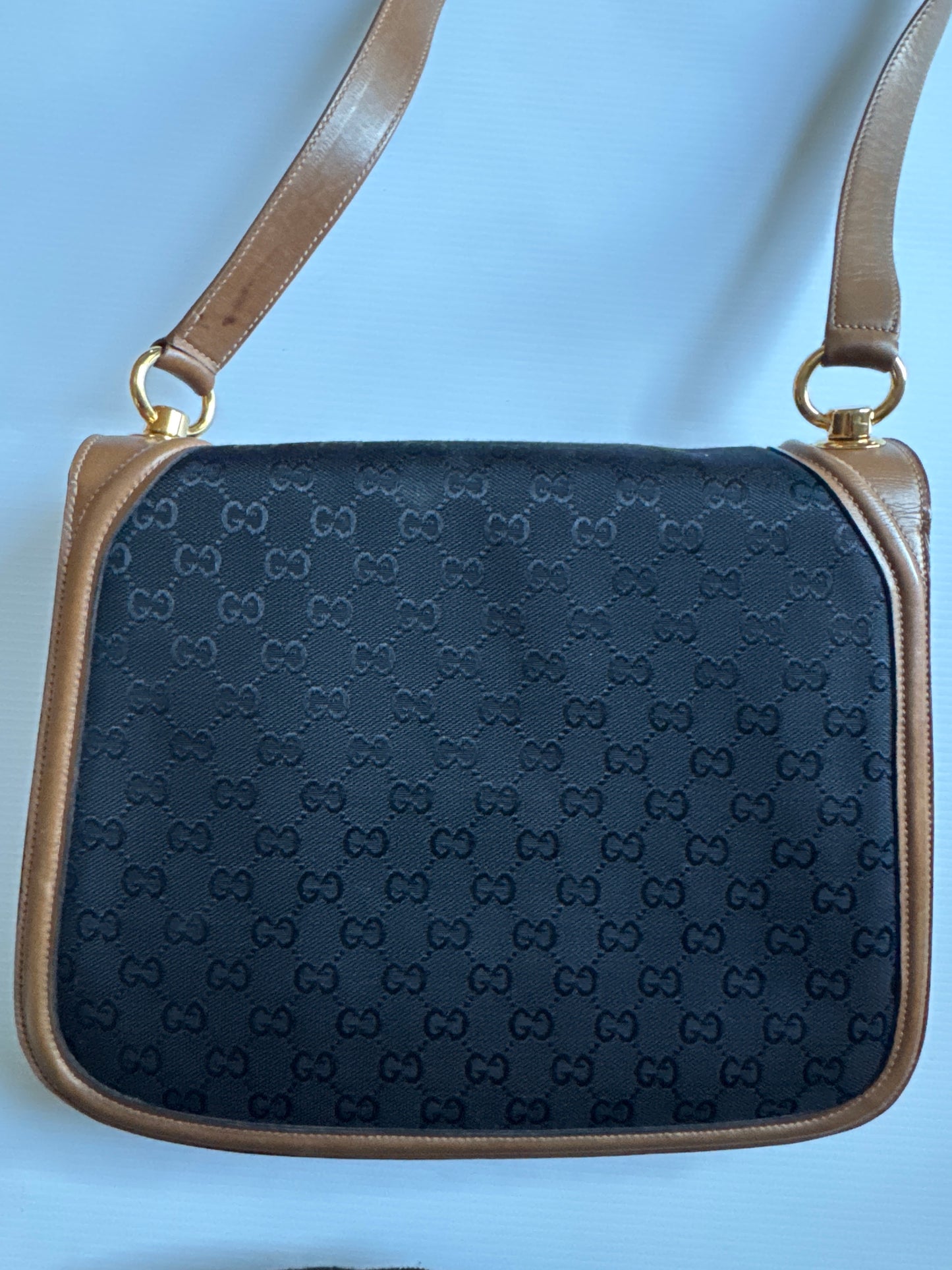 Fabulous vintage GUCCI canvas BLONDIE shoulder bag with tan leather strap and piping