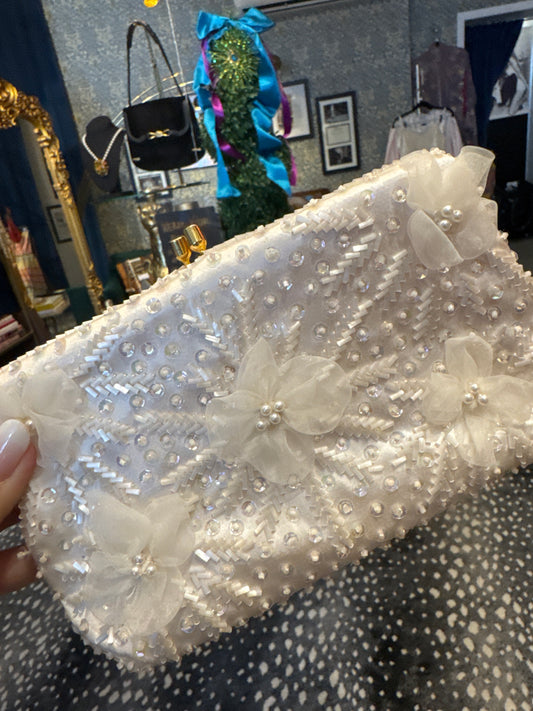 1950s gorgeous ivory bag with sequin mother-of-pearl beating and chiffon flowers. clutch with optional gold chain.
