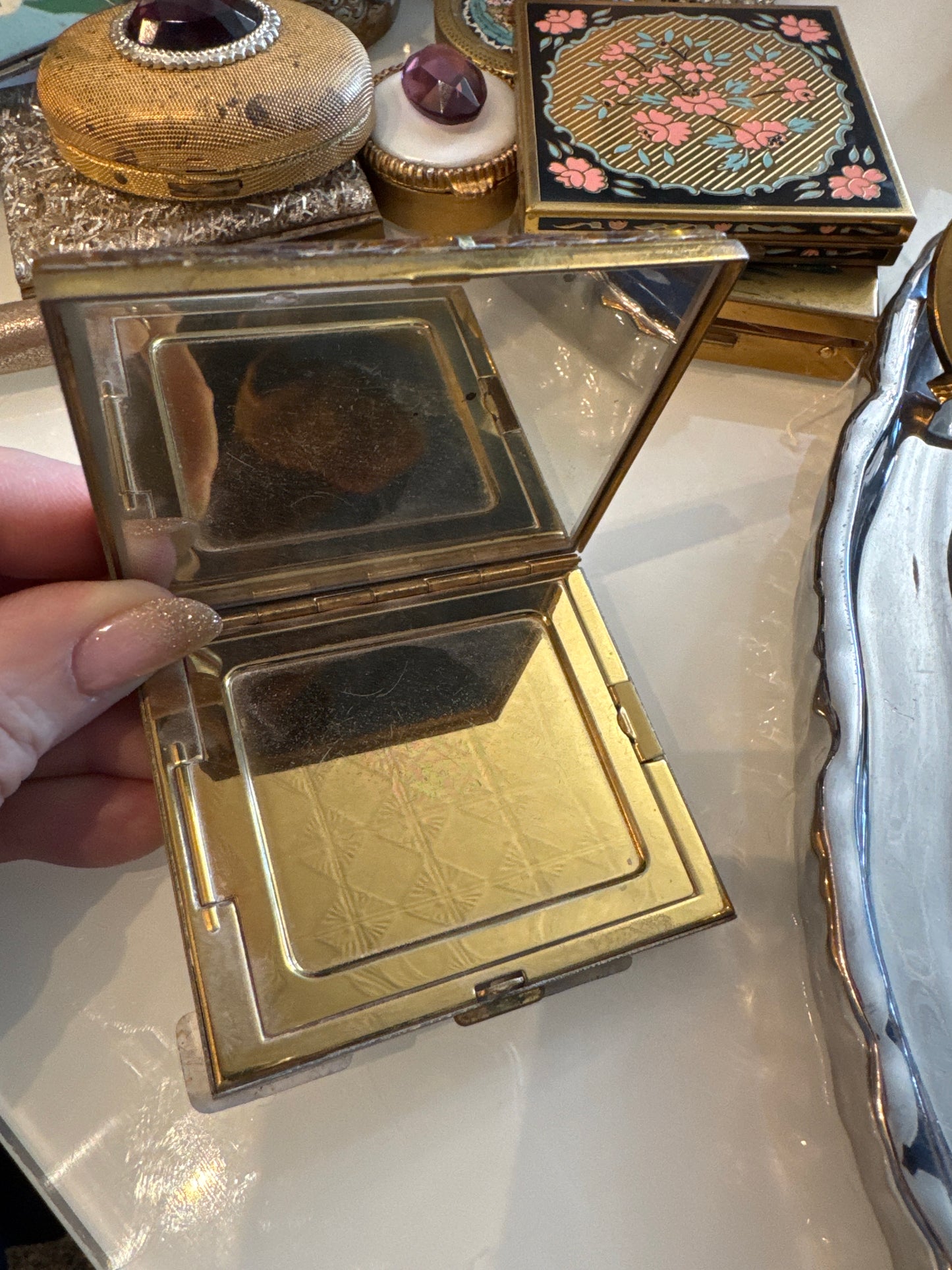 1960s double-sided, gold confetti makeup compact