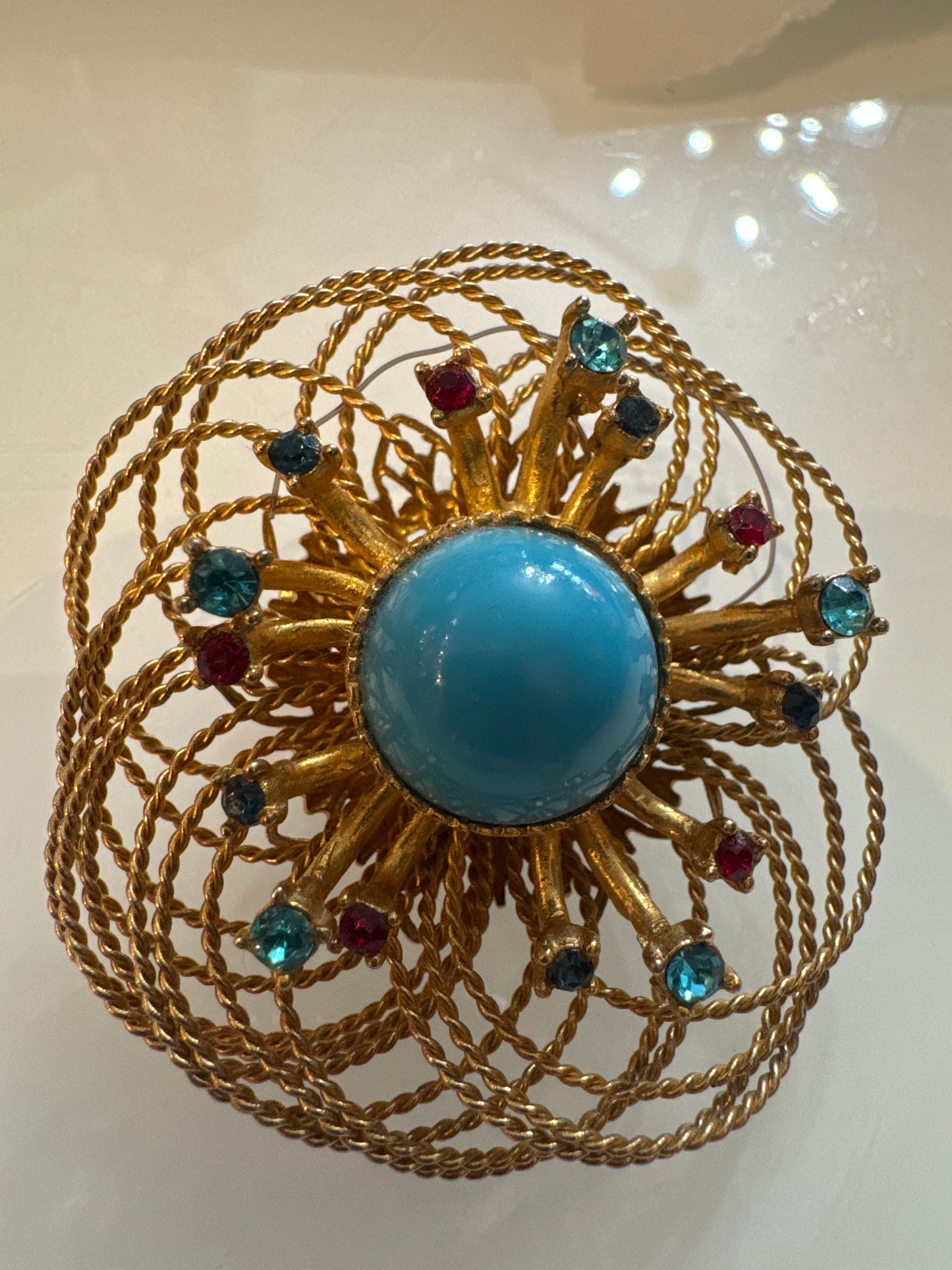 Beautiful signed FLORENZA brooch with turquoise cabochon and rhinestones
