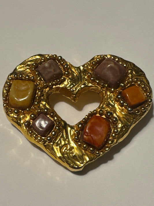 1980s signed Christian Lacroix heavy hammered gold plate brooch with glass cabochons