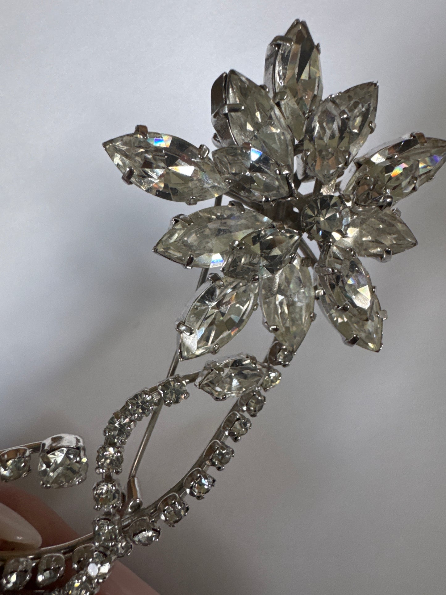 1940s sparkly flower brooch with layered clear rhinestones