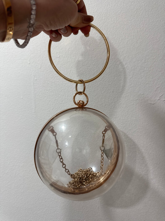 Fun 1980s mod bracelet/crossbody lucite bag with gold tone trim. crossbody strap is removable.