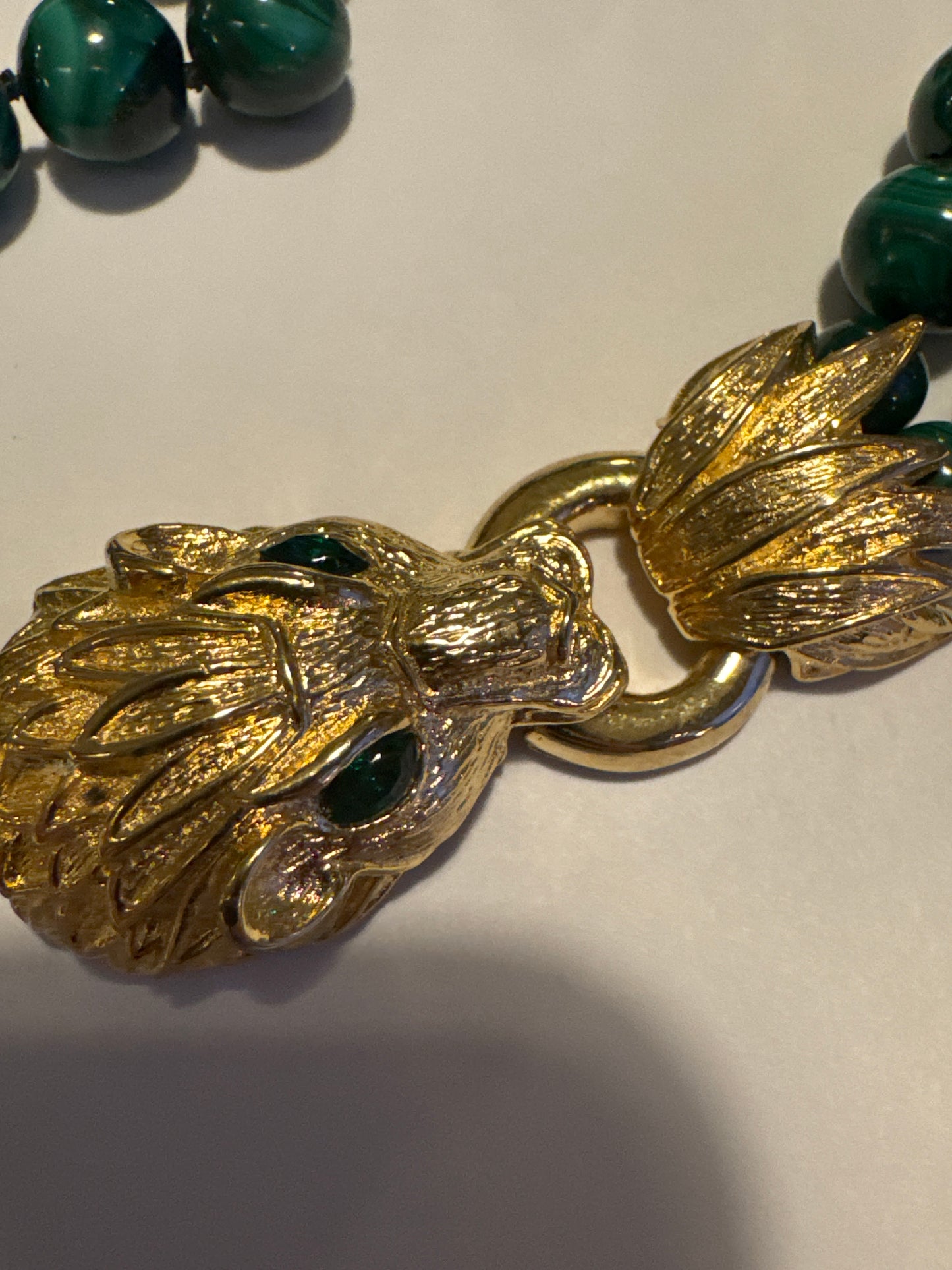 Beautiful RARE signed 1960s LES BERNARD Malachite double strand lion head necklace. See photos as two beads are cracked. Price reflects the imperfection. Road