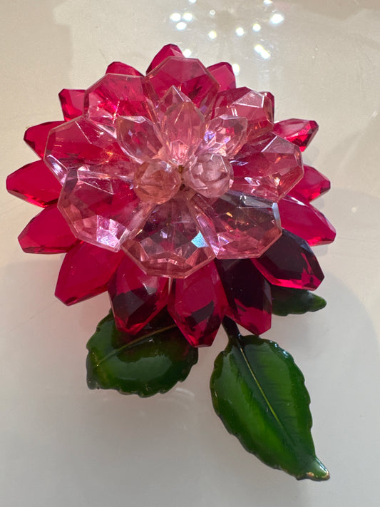 1950s signed West Germany, pink flower lucite brooch with green enamel leaves