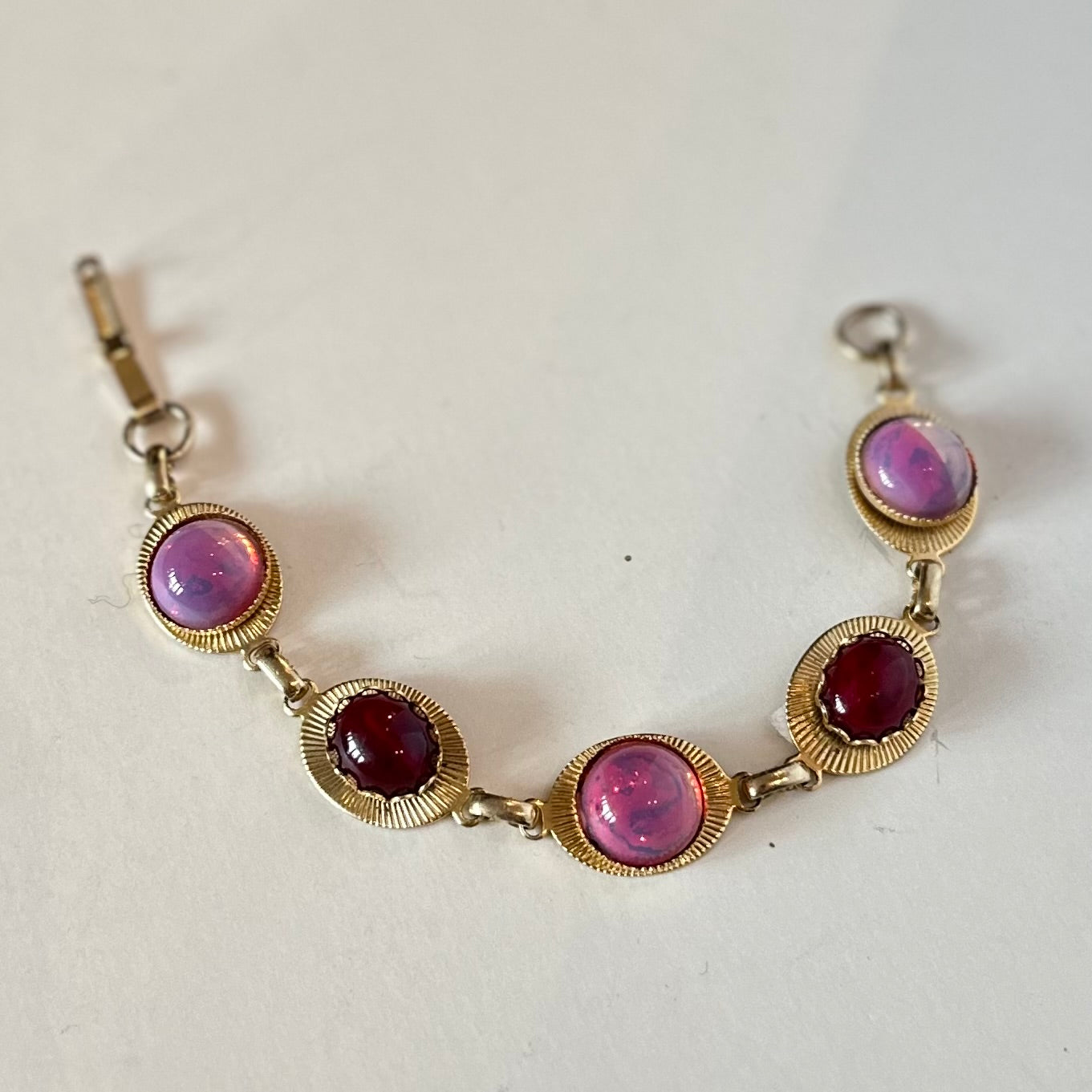 Vintage Pink & Red Cabochon Gold Tone Bracelet