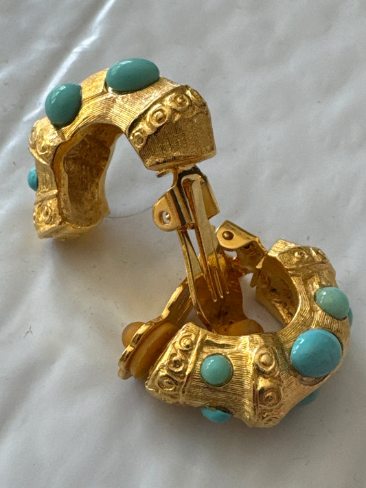 1980s gold tone and faux turquoise stone earrings