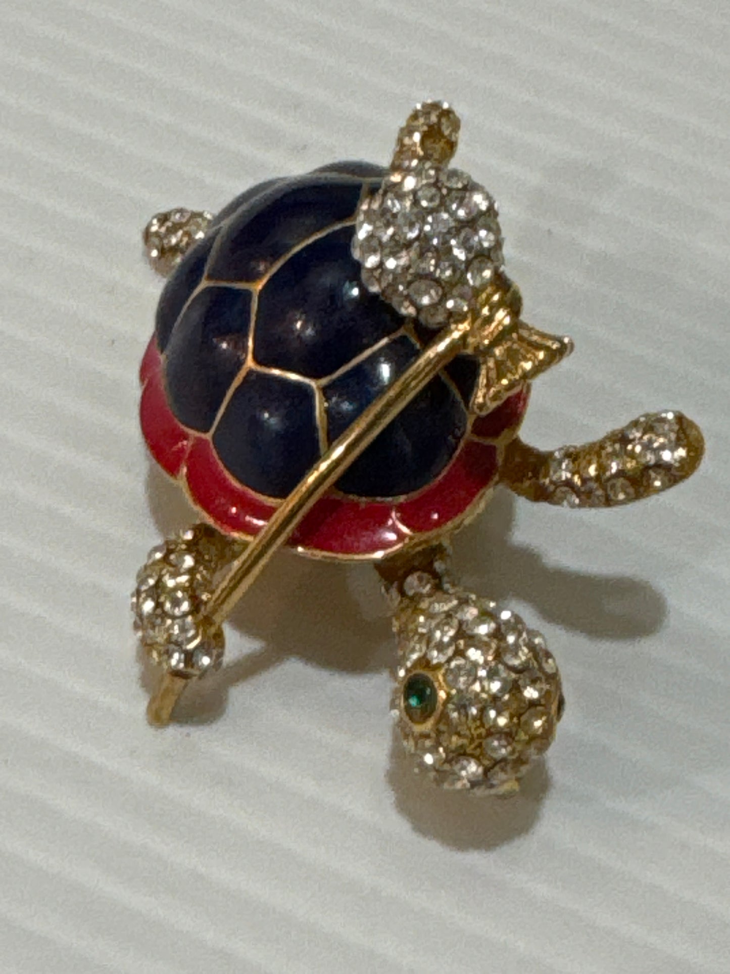 1960s signed BIJOU CASCI Italian made enamel and rhinestone three dimensional turtle brooch. Turtles  symbolize longevity, wealth, good fortune, and travel. Jackpot.