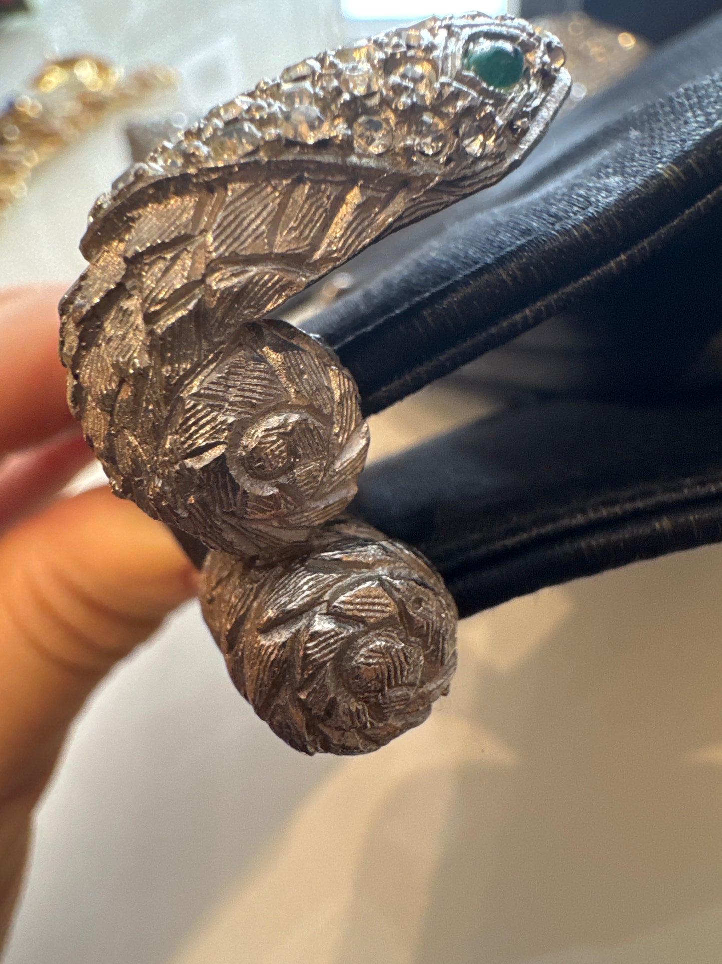 1960s stunning black vintage jeweled evening bag. Two snake heads with clear crystal rhinestones and green rhinestone eyes. Could it be a KJL design???