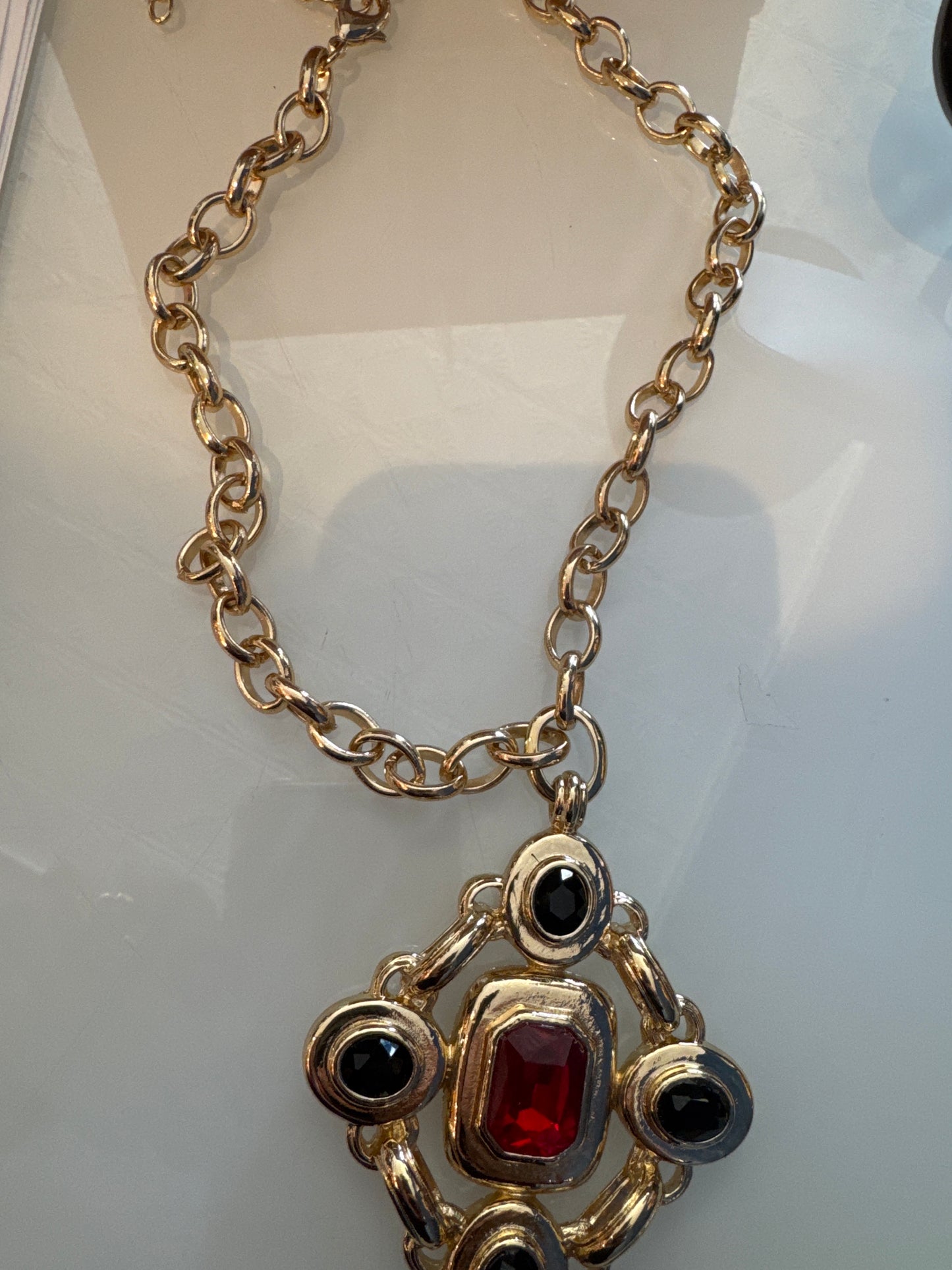 Vintage RJ Graziano pendant necklace with red and black stones
