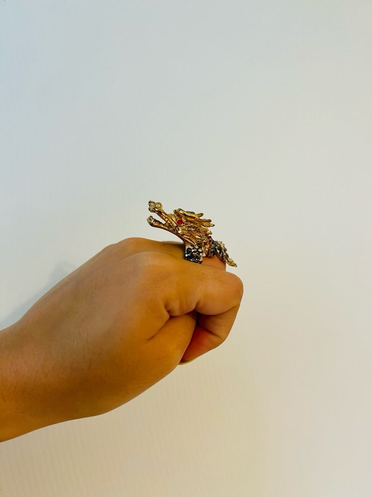 Vintage gold tone dragon ring with black/red rhinestones