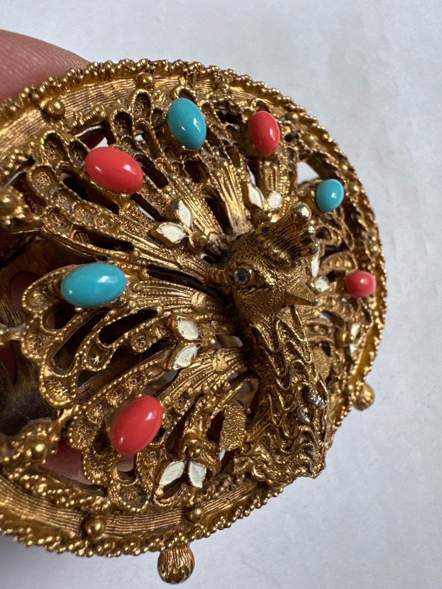 1960s vintage signed FLORENZA brass peacock lipstick holder with cabochons