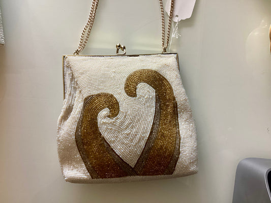 1950s beaded white, silver and gold bag with strap