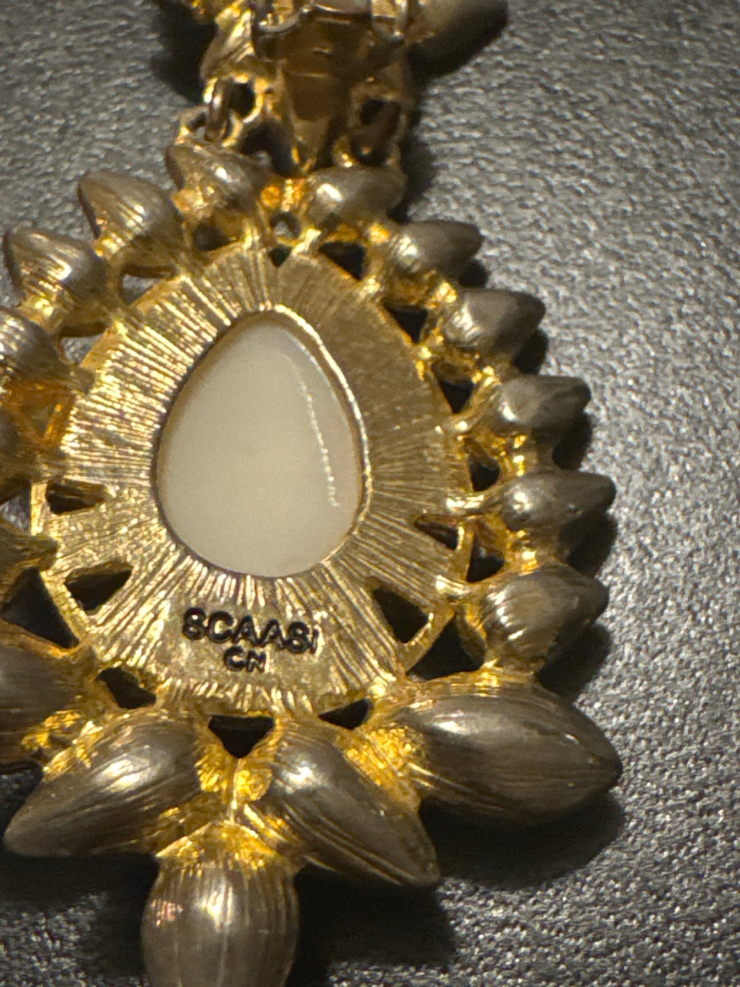 1970s signed SCAASI chandelier earrings in gold tone with rhinestones and faux pearls