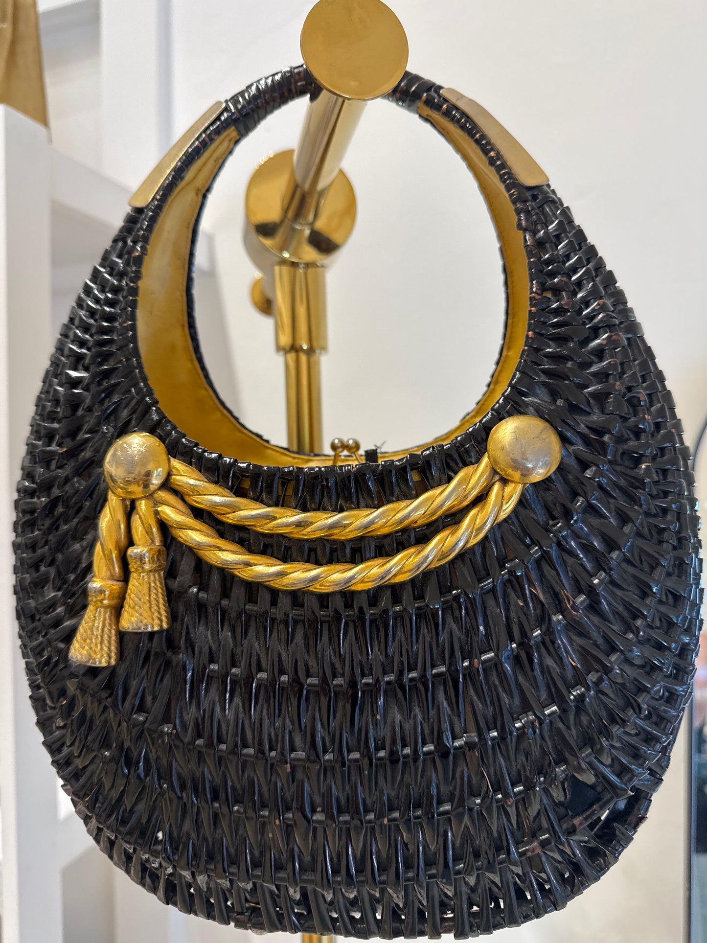 Fabulous black wicker 1950s Koret with gold decorative hardware
