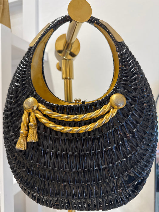 Magnificent Koret black bag wicker  from the 1950s with decorative gold hardware.