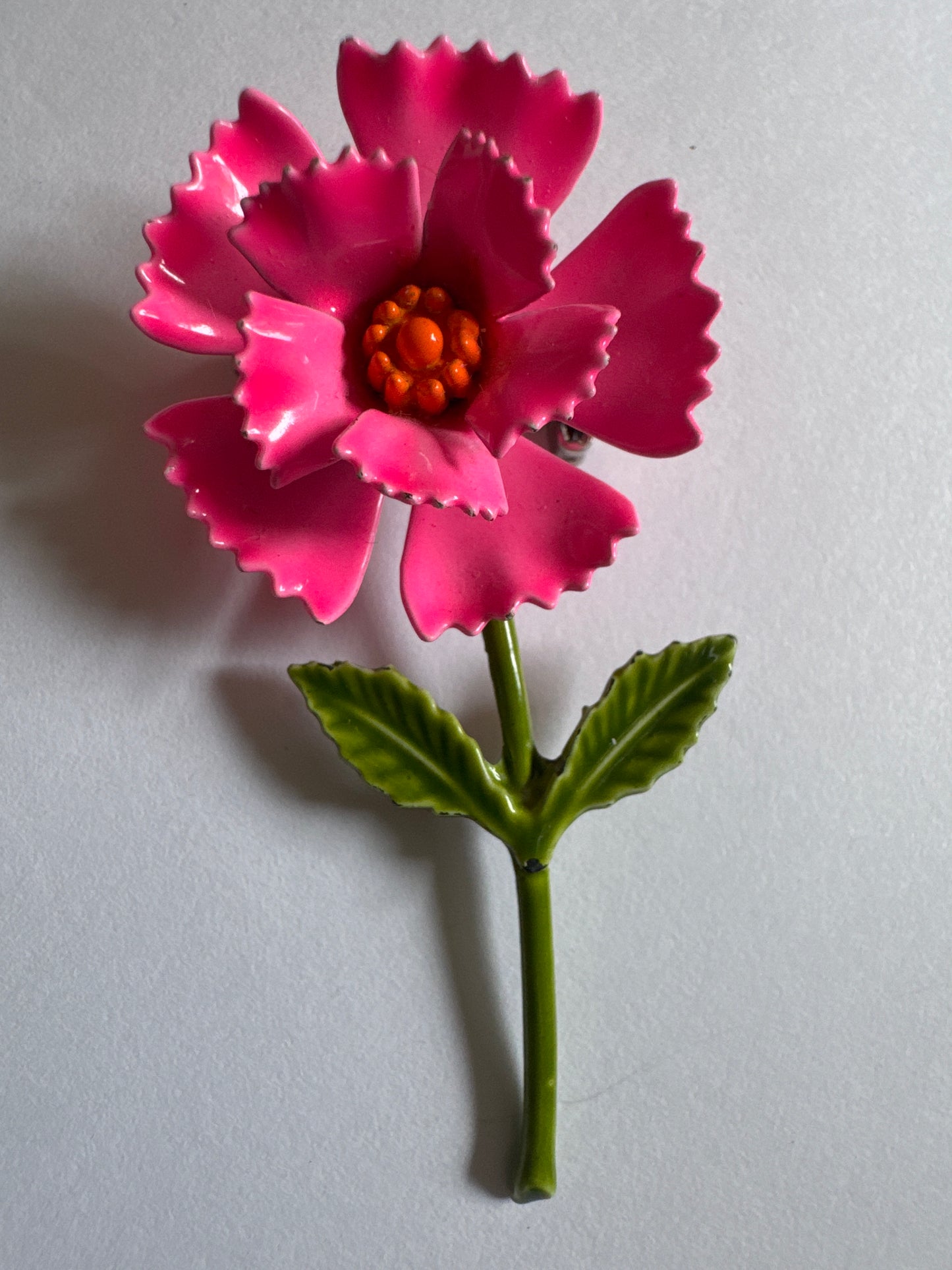 1960s mini pink, orange and green flower enamel brooch