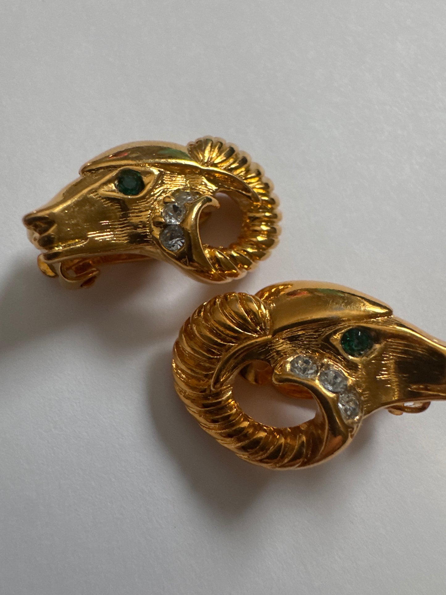 1970s signed KJL for Avon rams head earrings with rhinestones