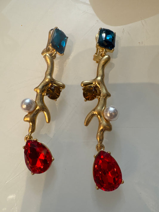 Retro "branch" earrings with rhinestones and pearls
