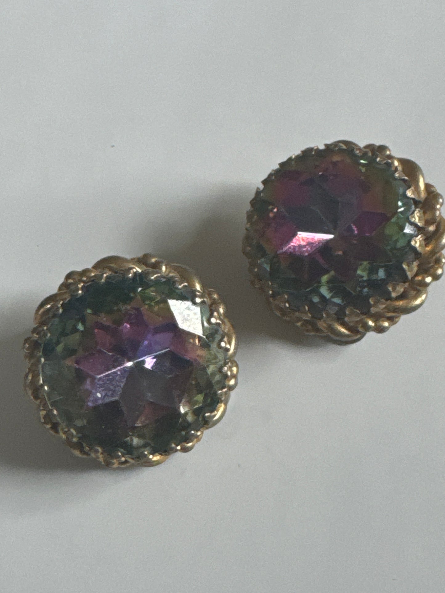 1930s light pink watermelon stone signed SCHIAPARELLI earrings with gold tone outer wreath