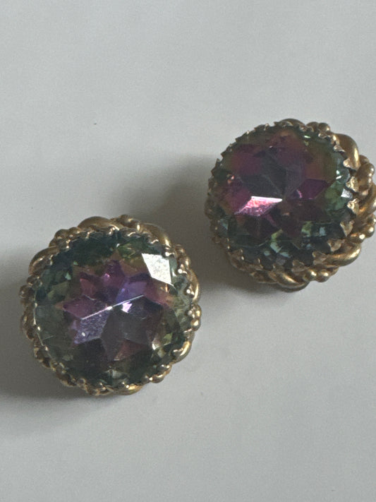 1930s light pink watermelon stone signed SCHIAPARELLI earrings with gold tone outer wreath