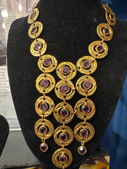 1960's dangle bib choker necklace with amethyst colored stones
