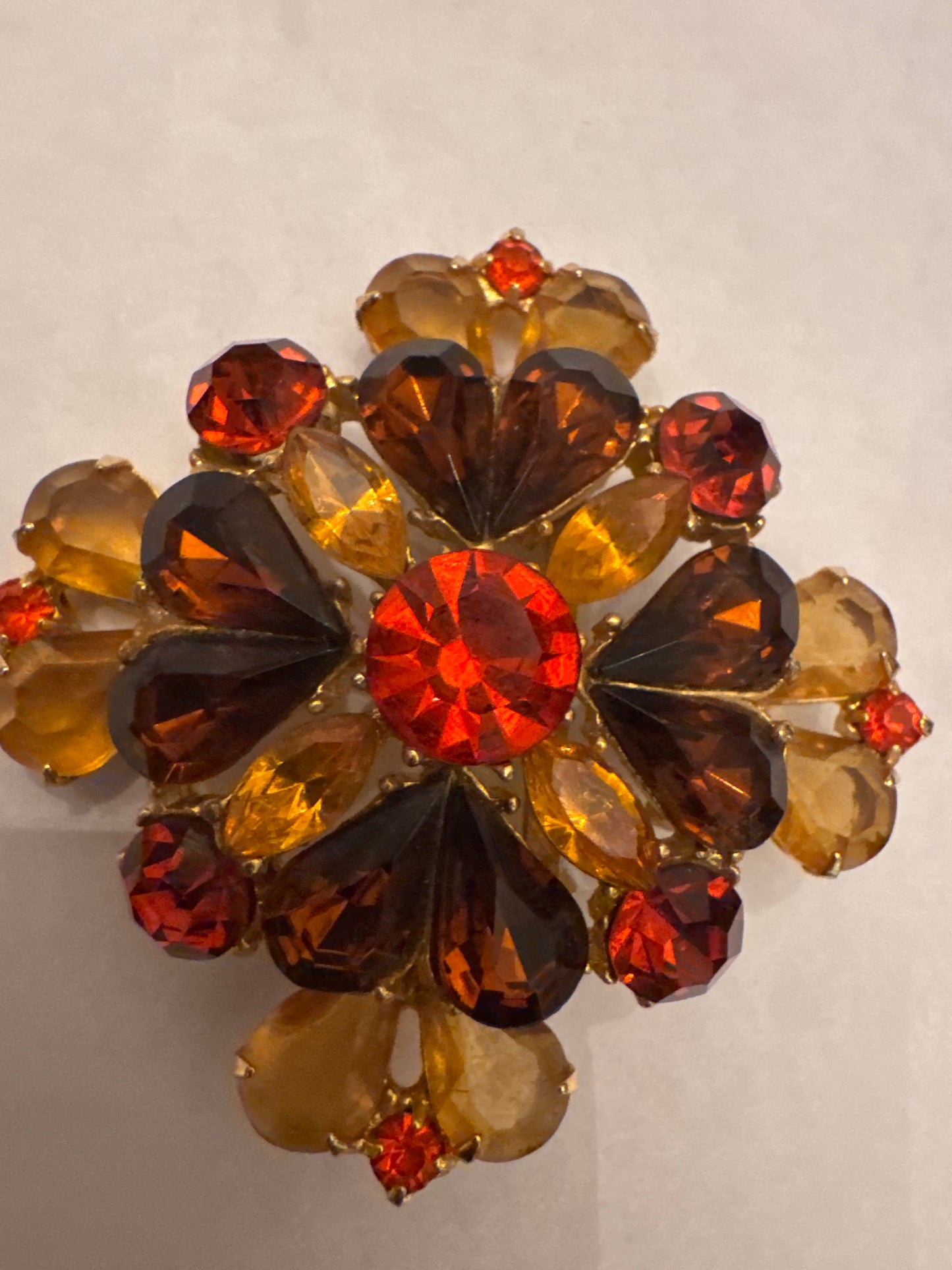 1950s signed EdLEE amber/topaz rhinestone brooch
