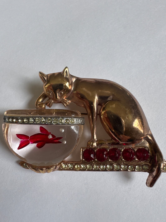 1960s gold tone cat with jelly belly fishbowl brooch