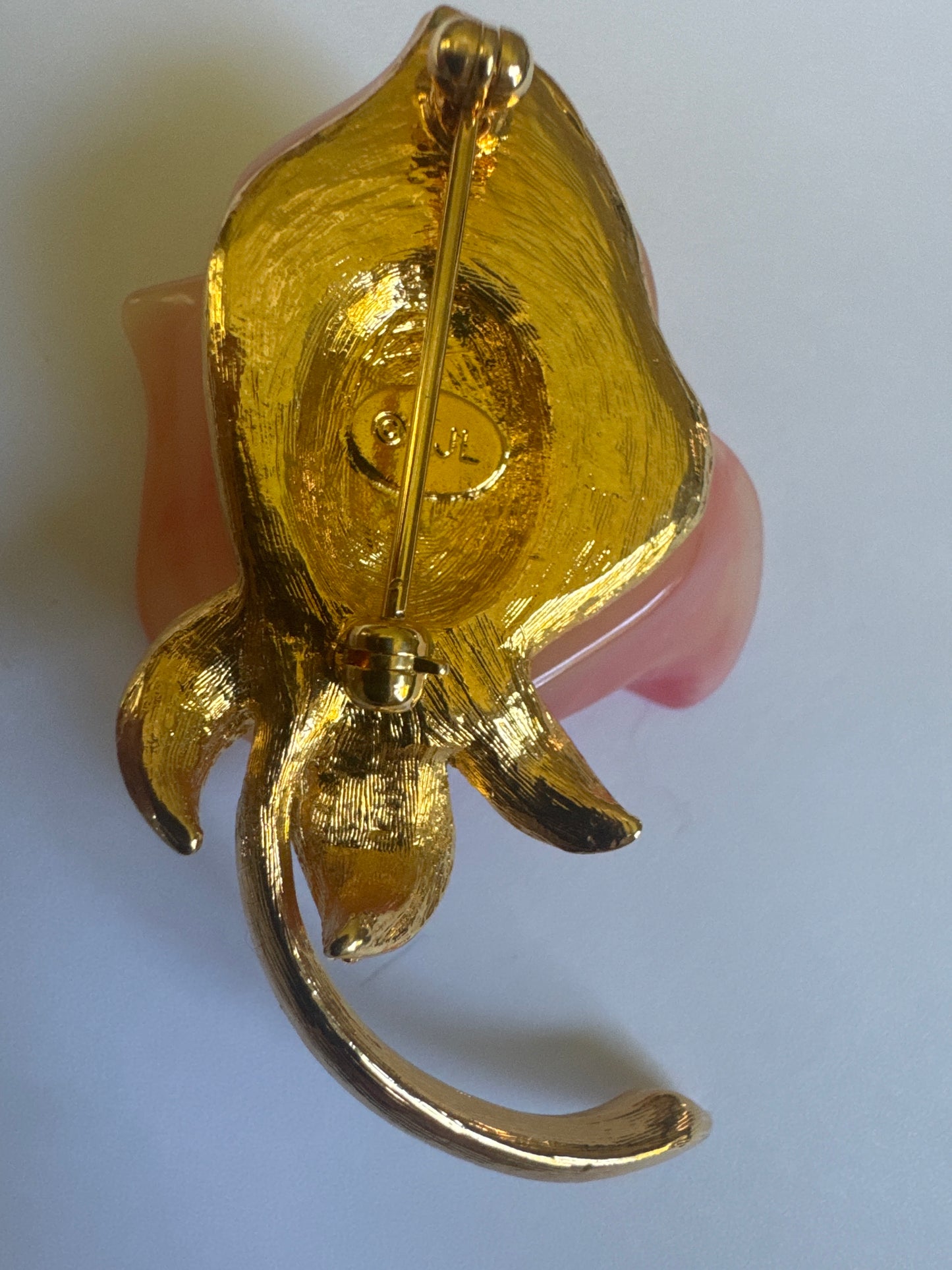 1980s signed KJL pink rose lucite  flower brooch with clear colored rhinestones