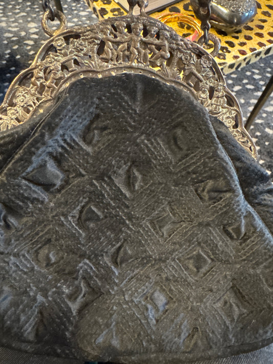 1920s signed 925 black fabric and silver bag with silk lining