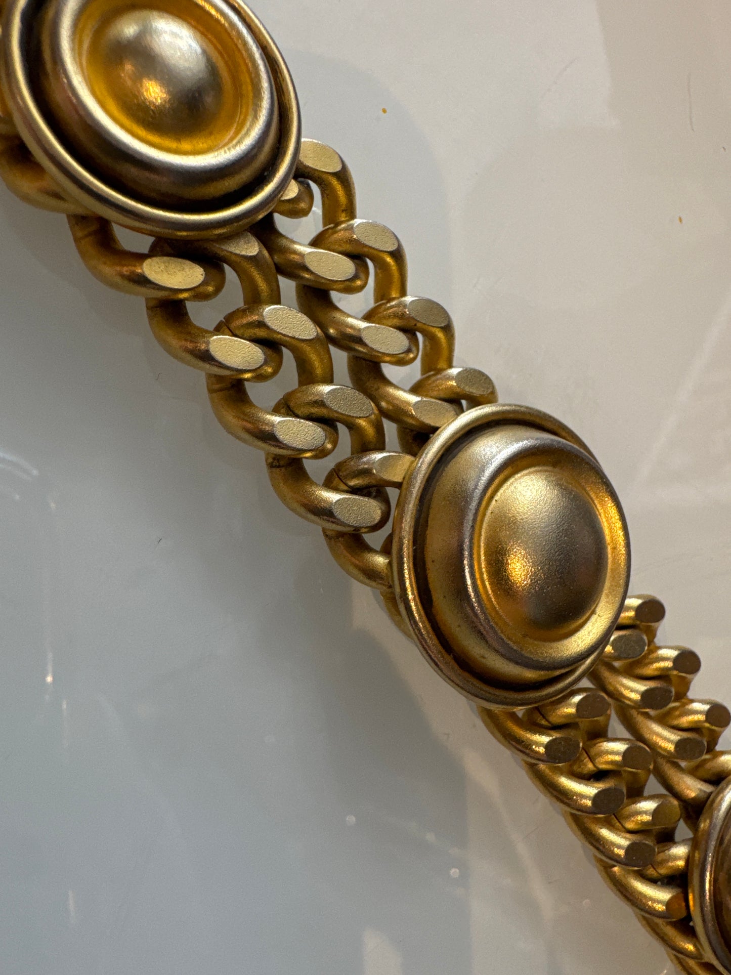 Beautiful 1980s heavy weight signed Natasha Stambuli gold tone matte link bracelet