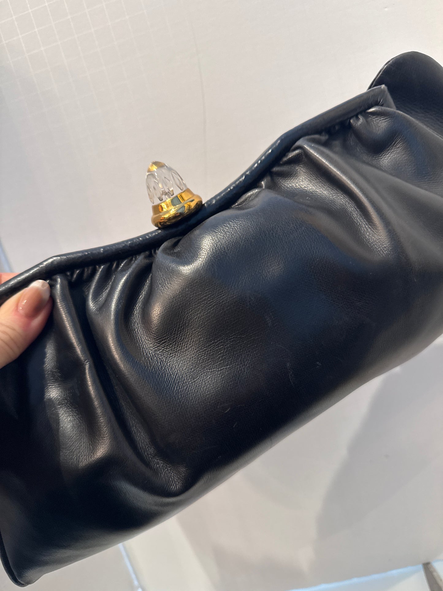 1940s long leather clutch with lucite closure