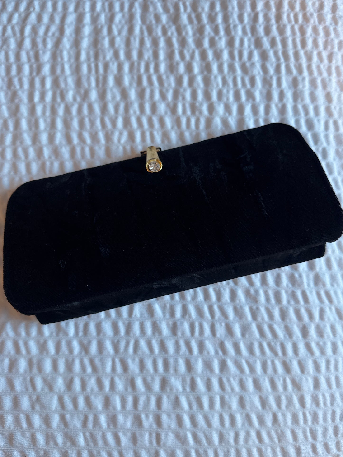 1950s black velvet moire evening bag with jewel class and optional gold chain handle. jackpot