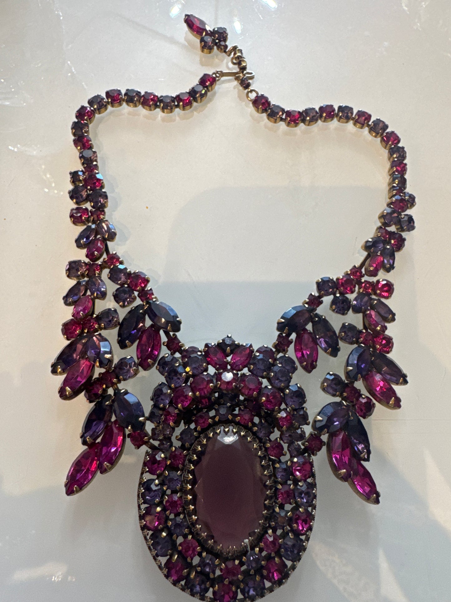 1940s absolutely stunning Juliana rhinestone necklace and shades of deep, purple, pink and red