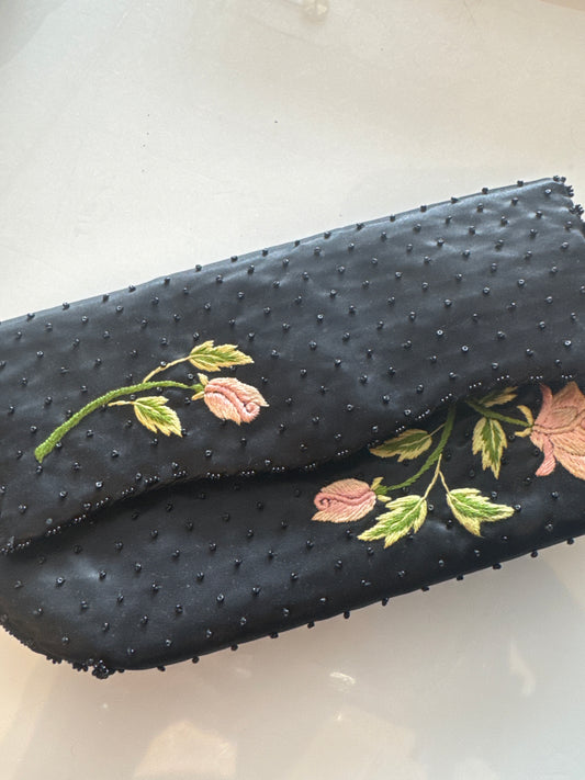 Petit point 1930s black satin with beads and flowers