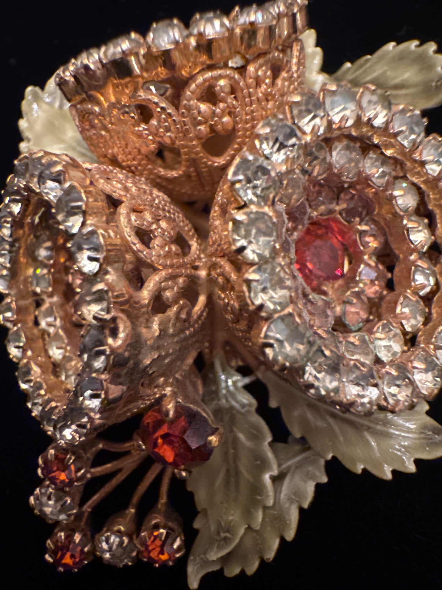 The MOST stunning brooch I have ever seen. Signed Vendome rhinestone and enamel with filagree backing.