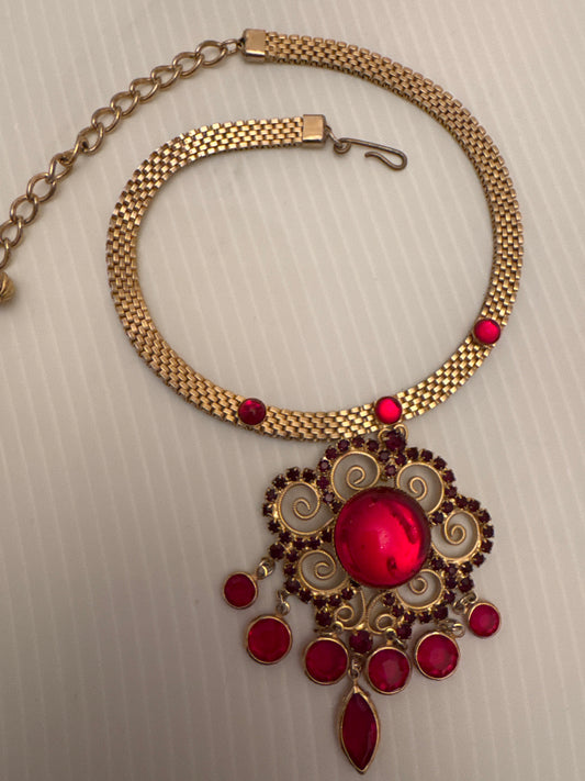 stunning gold tone and red rhinestone choker pendant. PARIS LIVE
