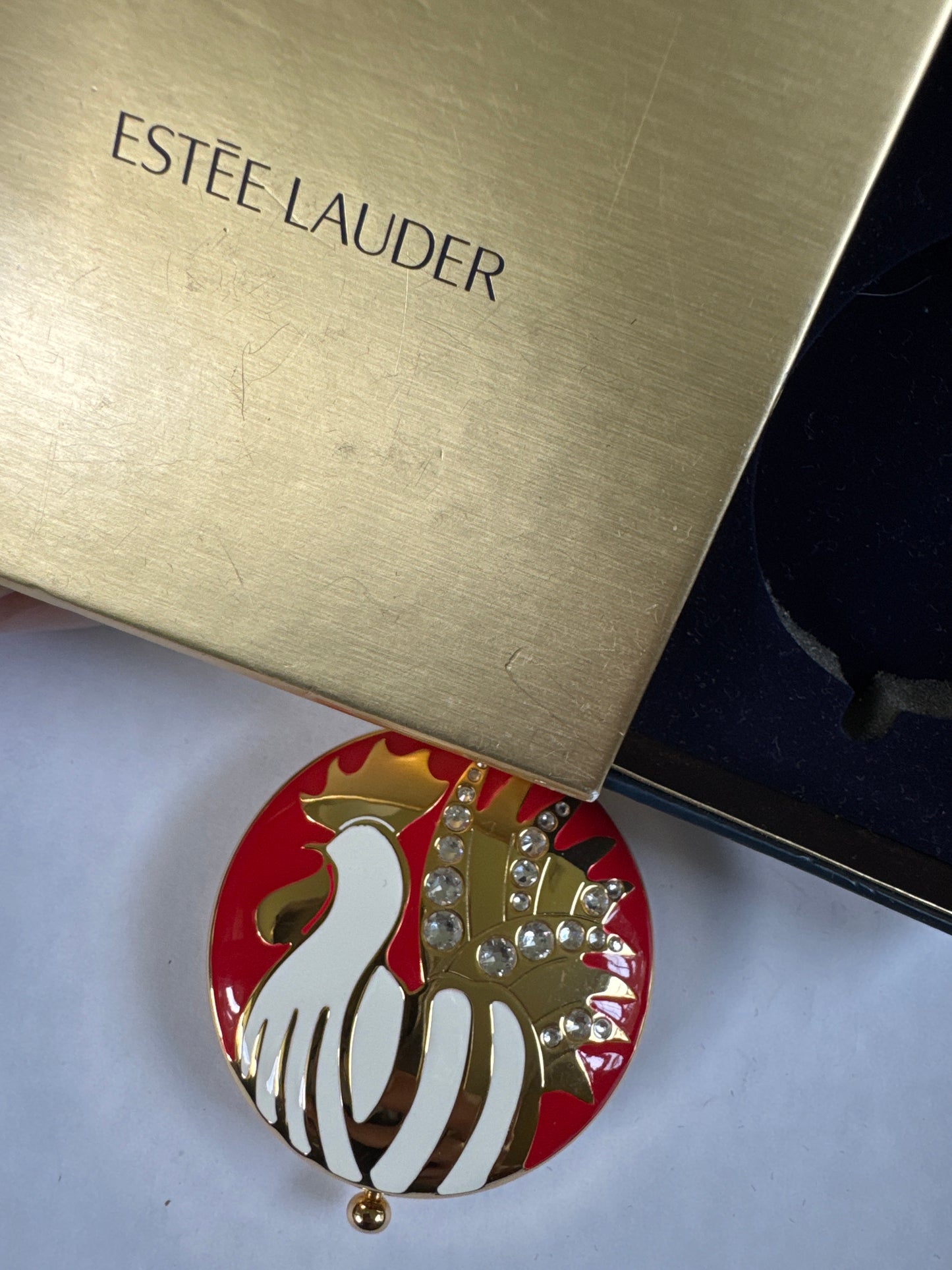 vintage, Estée Lauder round rooster enamel and rhinestone makeup compact with original box