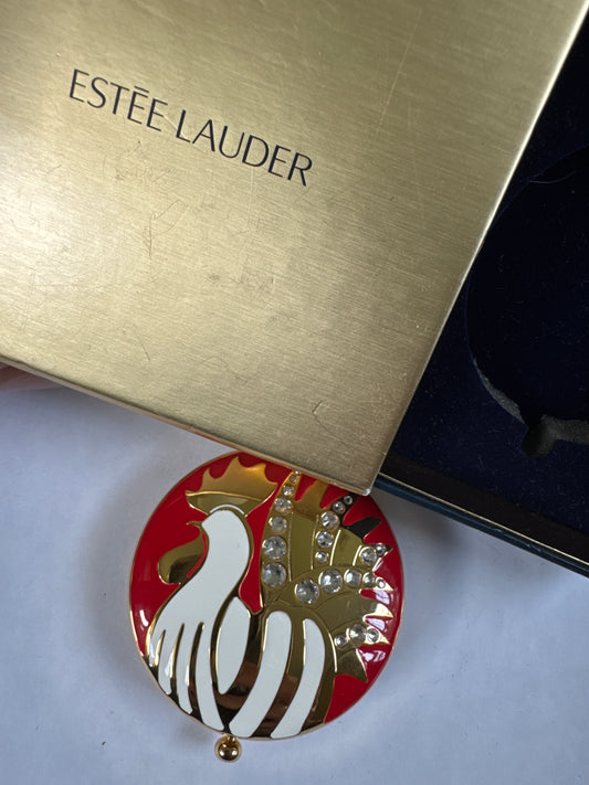 vintage, Estée Lauder round rooster enamel and rhinestone makeup compact with original box