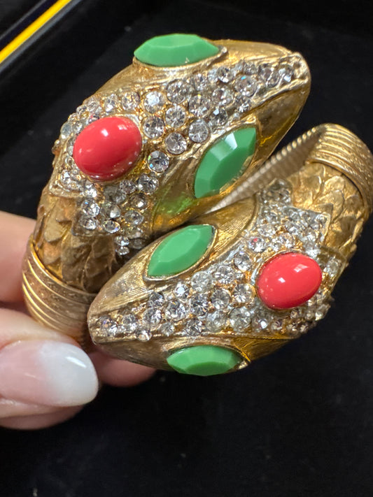 1970s STUNNING two-headed snake bracelet. Gold tone with CABACHON stones and rhinestones marked 1416. NYC