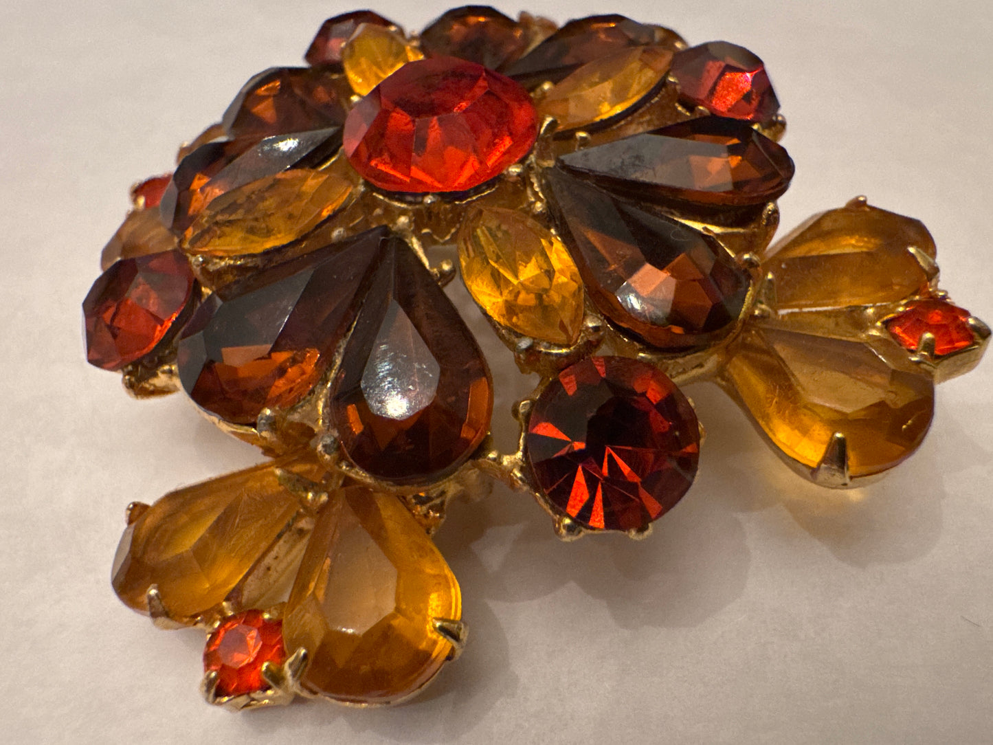 1950s signed EdLEE amber/topaz rhinestone brooch